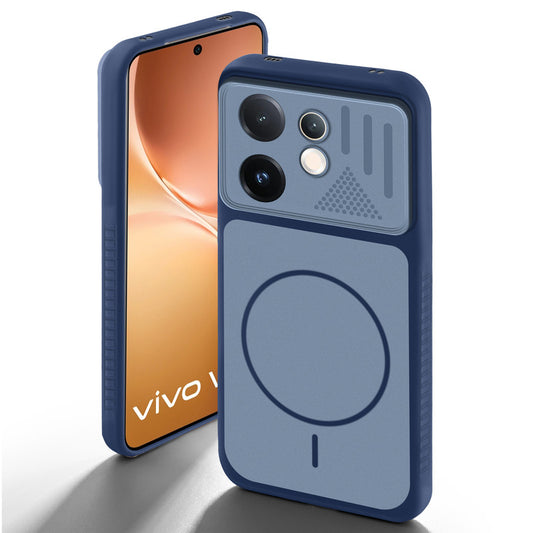 Blue back cover for Vivo V60 5G with camera cut protection and ring design on back side.