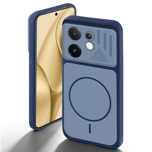 Blue back cover for Vivo V60E 5G with camera cut protection and ring design on back side.
