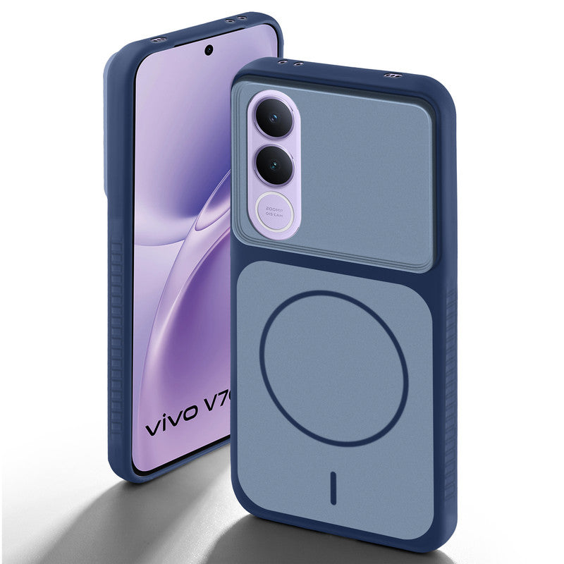 Blue back cover for Vivo V70 FE 5G with camera cut protection and ring design on back side.
