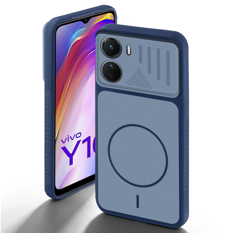 Blue back cover for Vivo Y16 with camera cut protection and ring design on back side.