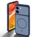 Blue back cover for Vivo Y21 5G with camera cut protection and ring design on back side.