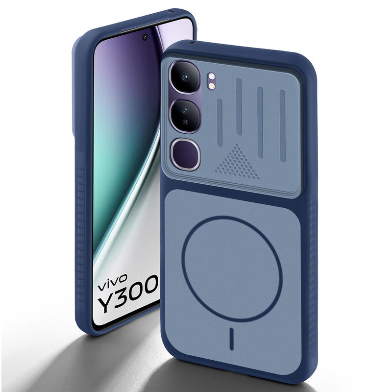 Blue back cover for Vivo Y300 5G with camera cut protection and ring design on back side.