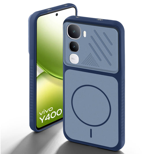 Blue back cover for Vivo Y400 5G with camera cut protection and ring design on back side.