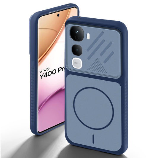 Blue back cover for Vivo Y400 Pro 5G with camera cut protection and ring design on back side.