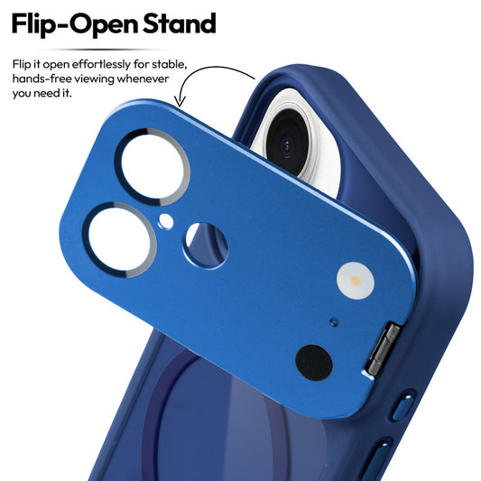 Apple iPhone 16 Case with MagSafe Compatibility, Flip-Open Camera Cover Stand, Glossy Glass Back & Metallic Buttons