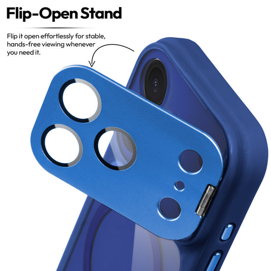 Apple iPhone 18 Pro Case with MagSafe Compatibility, Flip-Open Camera Cover Stand, Glossy Glass Back & Metallic Buttons