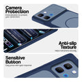Blue phone case for Infinix Note Edge showing camera safety edges, anti slip side grip and easy press button covers.