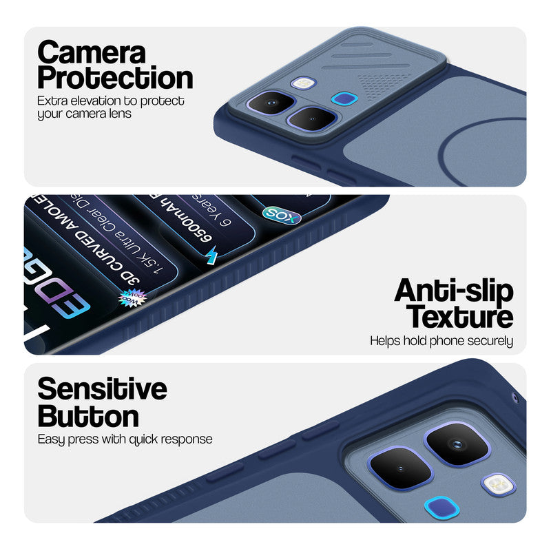 Blue phone case for Infinix Note Edge showing camera safety edges, anti slip side grip and easy press button covers.