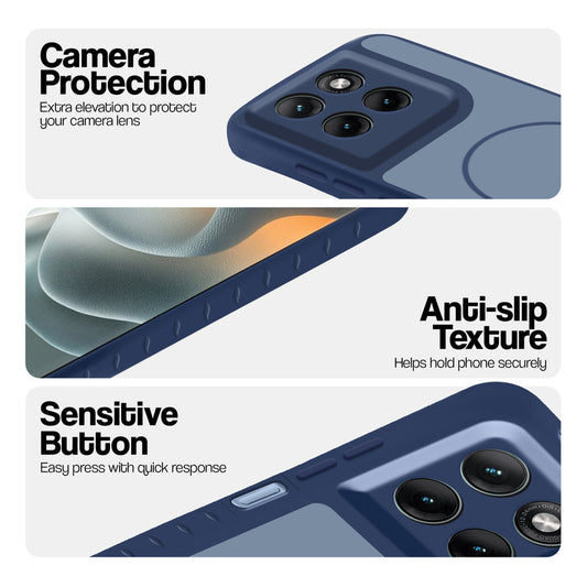 Blue phone case for Motorola G37 5G showing camera safety edges, anti slip side grip and easy press button covers.