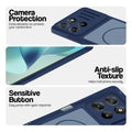 Blue phone case for Motorola G57 Power 5G showing camera safety edges, anti slip side grip and easy press button covers.