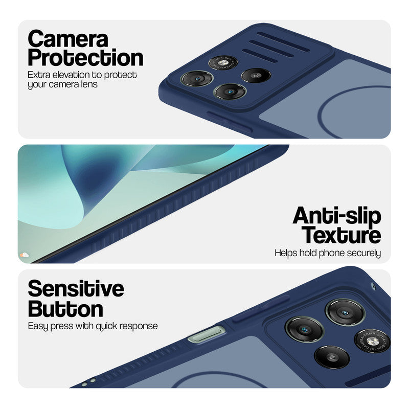 Blue phone case for Motorola G57 Power 5G showing camera safety edges, anti slip side grip and easy press button covers.