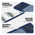 Blue phone case for Motorola G67 Power 5G showing camera safety edges, anti slip side grip and easy press button covers.