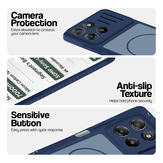Blue phone case for Motorola G67 Power 5G showing camera safety edges, anti slip side grip and easy press button covers.