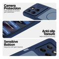 Blue phone case for Motorola G77 Power 5G showing camera safety edges, anti slip side grip and easy press button covers.