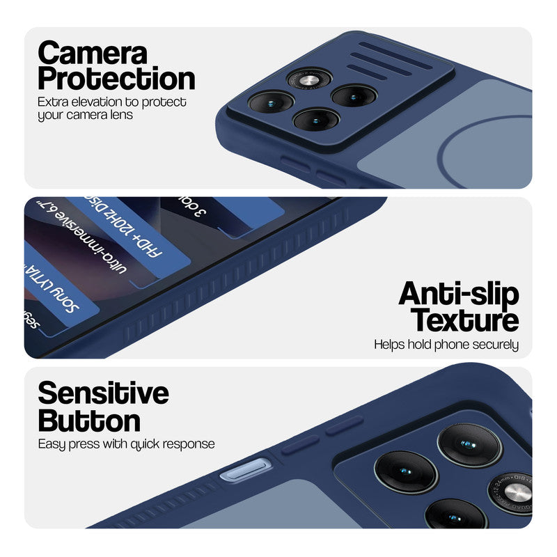 Blue phone case for Motorola G77 Power 5G showing camera safety edges, anti slip side grip and easy press button covers.
