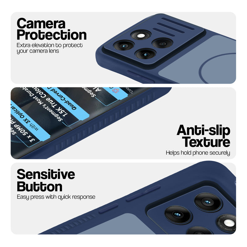 Blue phone case for Motorola Moto Edge 60 5G showing camera safety edges, anti slip side grip and easy press button covers.