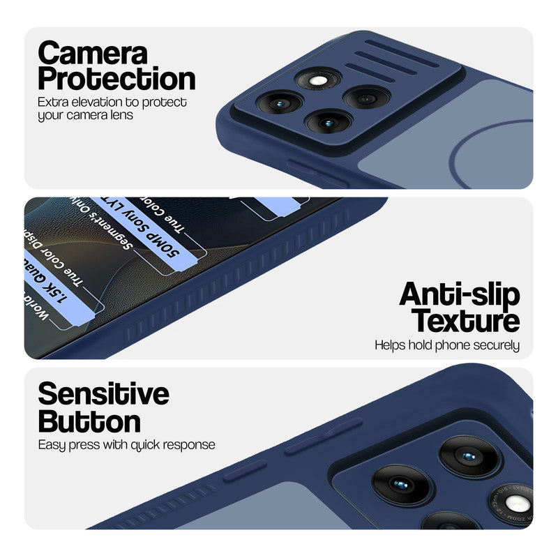 Blue phone case for Motorola Moto Edge 60 Fusion 5G showing camera safety edges, anti slip side grip and easy press button covers.