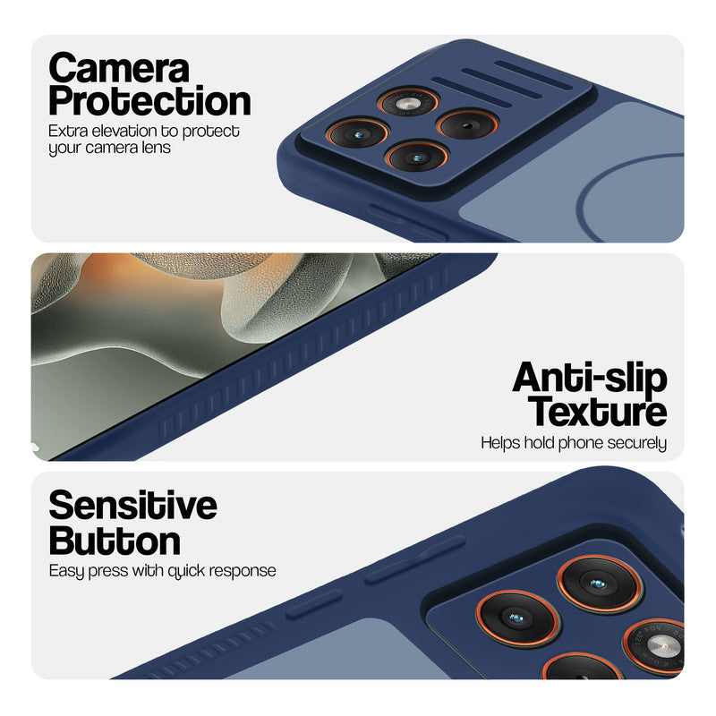 Blue phone case for Motorola Moto Edge 70 5G showing camera safety edges, anti slip side grip and easy press button covers.