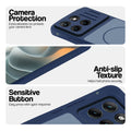 Blue phone case for Motorola Moto Edge 70 Fusion 5G showing camera safety edges, anti slip side grip and easy press button covers.