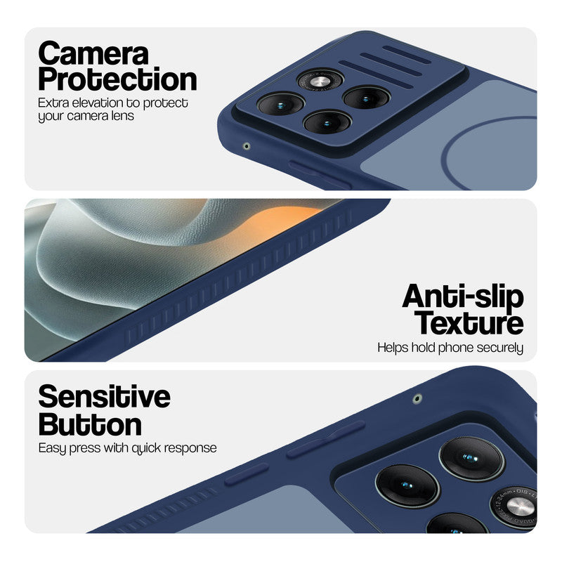 Blue phone case for Motorola Moto Edge 70 Fusion 5G showing camera safety edges, anti slip side grip and easy press button covers.