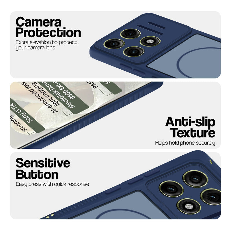 Blue phone case for Motorola Moto Edge 70 Pro 5G showing camera safety edges, anti slip side grip and easy press button covers.