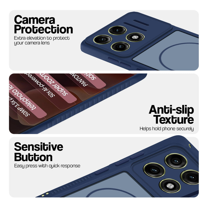 Blue phone case for Motorola Moto Edge 70 Pro Plus 5G showing camera safety edges, anti slip side grip and easy press button covers.