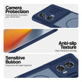 Blue phone case for Motorola Moto G85 5G showing camera safety edges, anti slip side grip and easy press button covers.