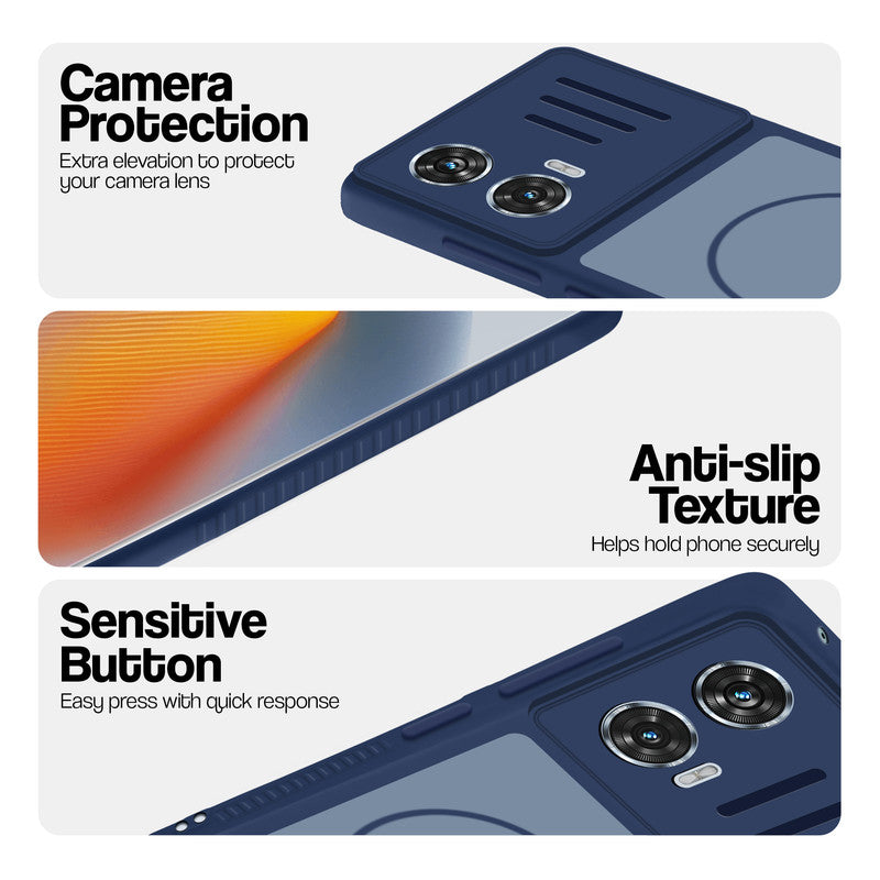 Blue phone case for Motorola Moto G85 5G showing camera safety edges, anti slip side grip and easy press button covers.