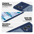 Blue phone case for Motorola Moto G96 5G showing camera safety edges, anti slip side grip and easy press button covers.