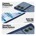 Blue Phone case for Motorola Moto G96 5G highlighting raised camera protection, anti-slip texture, and responsive side buttons