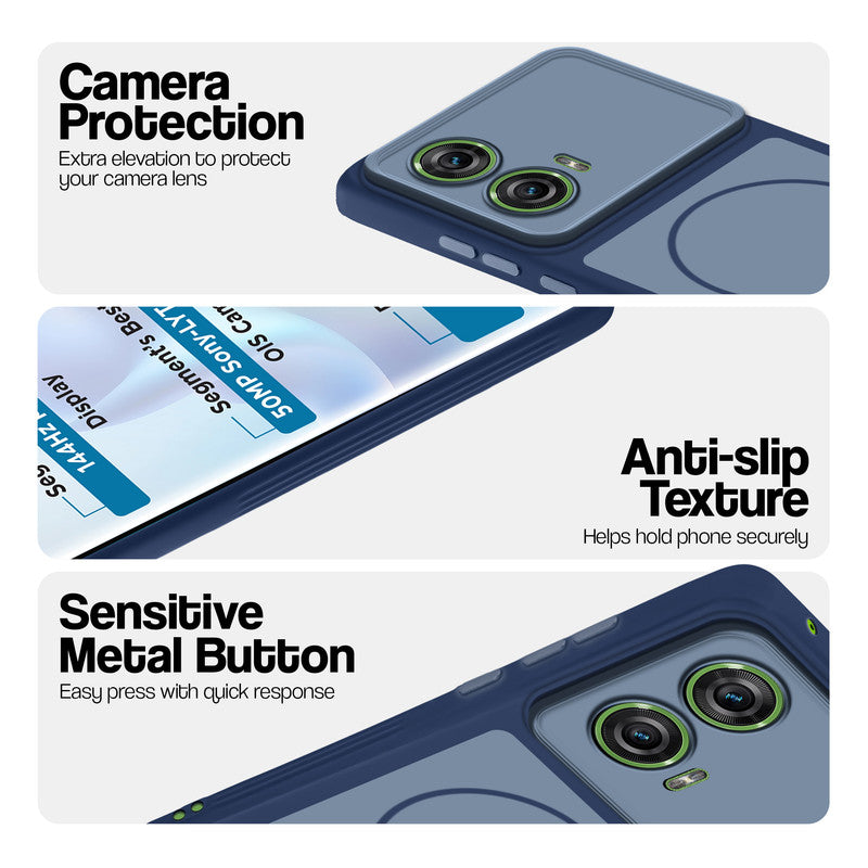 Blue Phone case for Motorola Moto G96 5G highlighting raised camera protection, anti-slip texture, and responsive side buttons