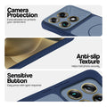 Blue phone case for Motorola Signature showing camera safety edges, anti slip side grip and easy press button covers.