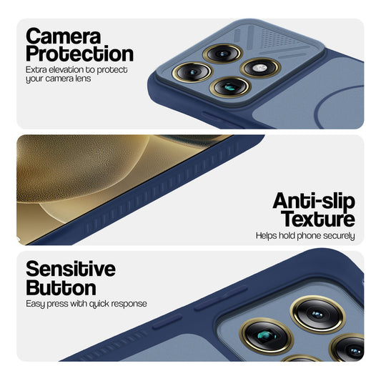Blue phone case for Motorola Signature showing camera safety edges, anti slip side grip and easy press button covers.