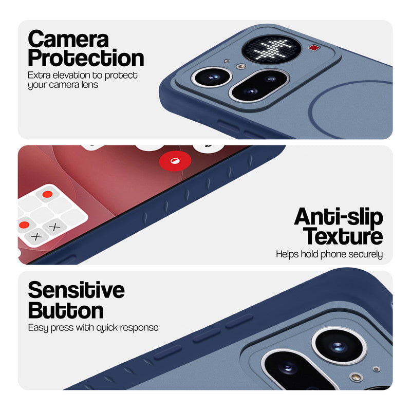 Blue phone case for Nothing Phone 4A Pro 5G showing camera safety edges, anti slip side grip and easy press button covers.