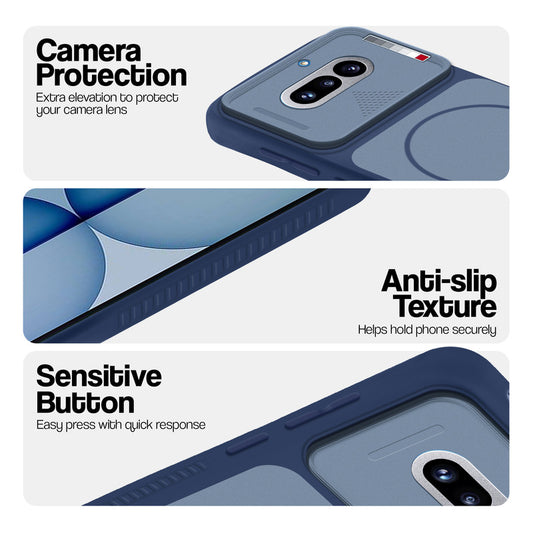 Blue phone case for Nothing Phone 4A 5G showing camera safety edges, anti slip side grip and easy press button covers.