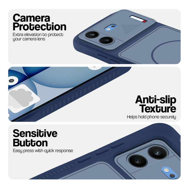 Blue phone case for Nothing Phone 4B 5G showing camera safety edges, anti slip side grip and easy press button covers.