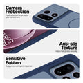 Blue phone case for OnePlus 15 5G showing camera safety edges, anti slip side grip and easy press button covers.