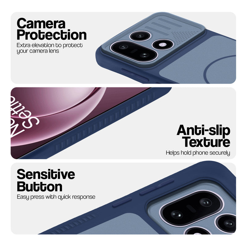 Blue phone case for OnePlus 15 5G showing camera safety edges, anti slip side grip and easy press button covers.