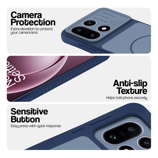 Blue phone case for OnePlus 15 5G showing camera safety edges, anti slip side grip and easy press button covers.