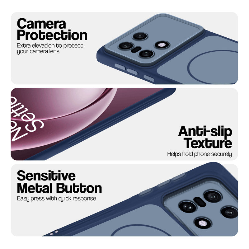 Blue Phone case for OnePlus 15 5G highlighting raised camera protection, anti-slip texture, and responsive side buttons