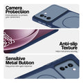 Blue Phone case for OnePlus 15R 5G highlighting raised camera protection, anti-slip texture, and responsive side buttons