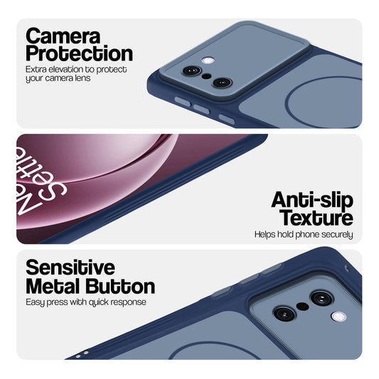 Blue Phone case for OnePlus 15R 5G highlighting raised camera protection, anti-slip texture, and responsive side buttons