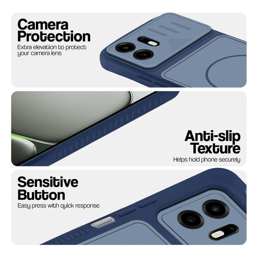 Blue phone case for OnePlus N6 5G showing camera safety edges, anti slip side grip and easy press button covers.
