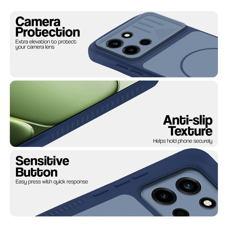 Blue phone case for OnePlus Nord 6 5G showing camera safety edges, anti slip side grip and easy press button covers.
