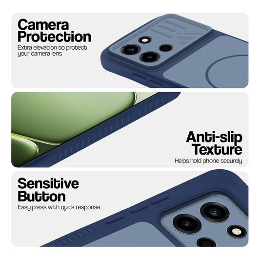 Blue phone case for OnePlus Nord 6 5G showing camera safety edges, anti slip side grip and easy press button covers.