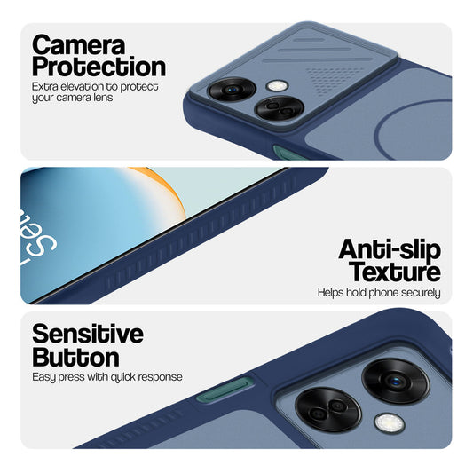 Blue phone case for OnePlus Nord CE 3 Lite 5G showing camera safety edges, anti slip side grip and easy press button covers.