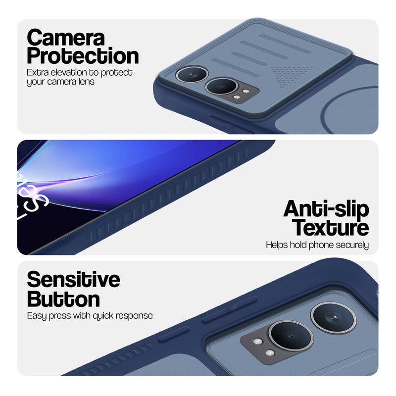 Blue phone case for OnePlus Nord CE 4 Lite 5G showing camera safety edges, anti slip side grip and easy press button covers.