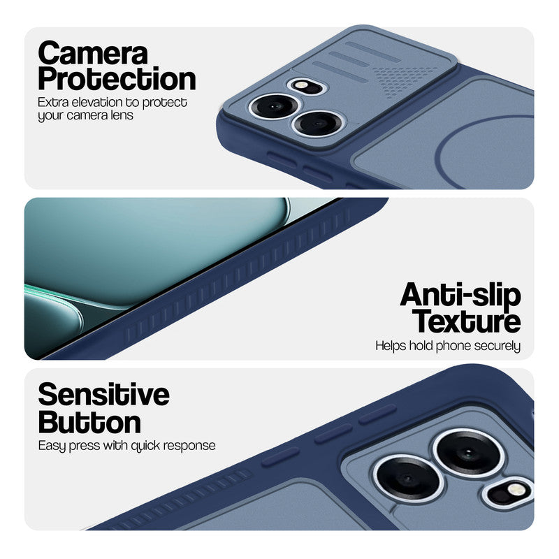 Blue phone case for OnePlus Nord CE 6 5G showing camera safety edges, anti slip side grip and easy press button covers.