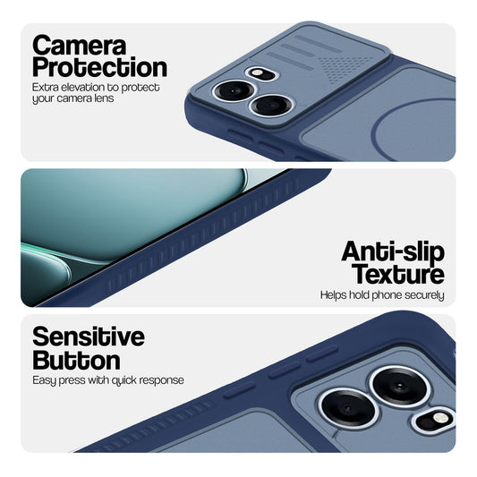 Blue phone case for OnePlus Nord CE 6 5G showing camera safety edges, anti slip side grip and easy press button covers.