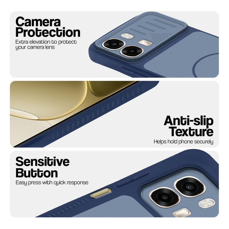Blue phone case for Oppo A6 Pro 5G showing camera safety edges, anti slip side grip and easy press button covers.
